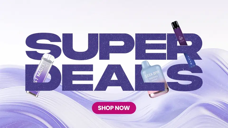 A purple background with the words super deals shop now.