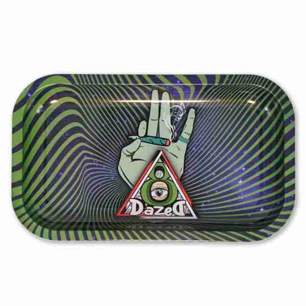 a green and blue tray with a hand holding a peace sign.