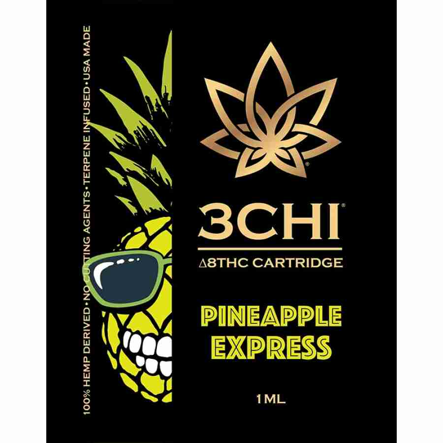 A bottle of bchi pineapple express on a black background.