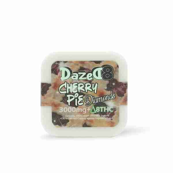 dazed cherry pie gummies in a plastic container.
