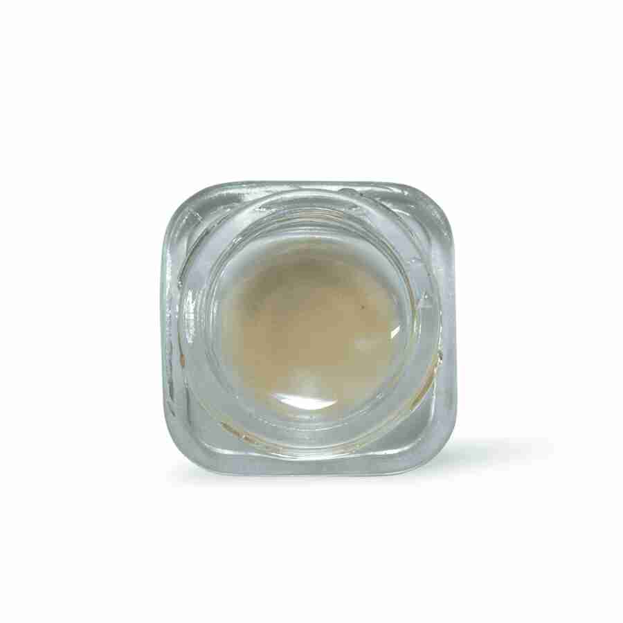 a clear square container with a yellow substance in it.