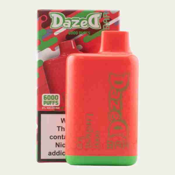 A red and green Dazed Bar 6000 Disposable Vapes in a box.