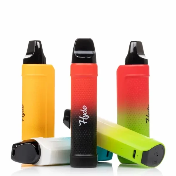 A group of different colored Hyde Rebel Pro 5000 Disposable Vapes on a white surface.