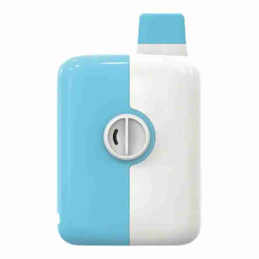 A blue and white mr fog sw5500 disposables bottle with a lid on it.