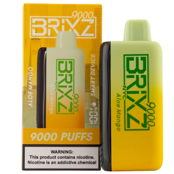 A box of Brixz Bar 9000 Puff Disposable Vapes in front of a yellow box.