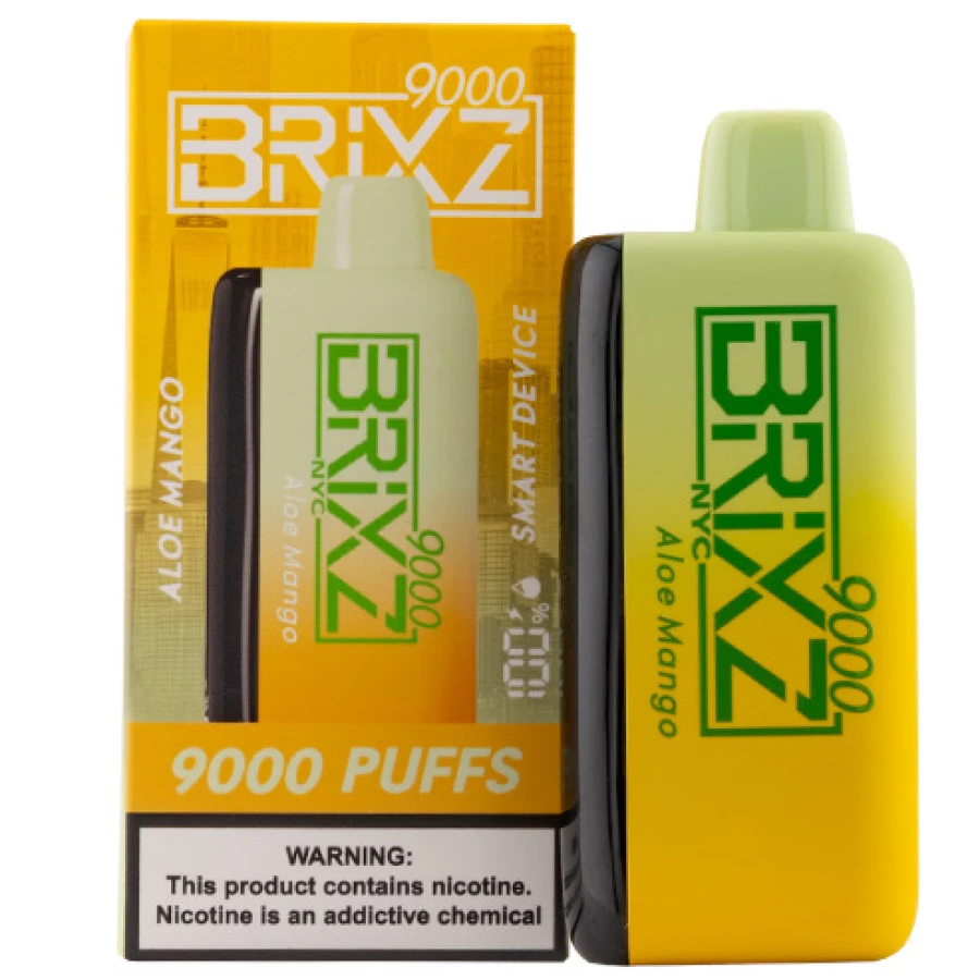 A box of Brixz Bar 9000 Puff Disposable Vapes in front of a yellow box.