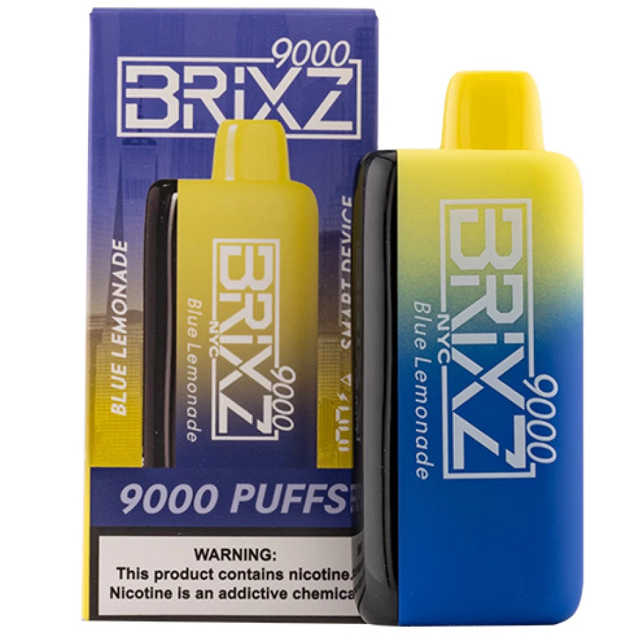 A Brixz Bar 9000 Puff Disposable Vapes with a blue and yellow box.