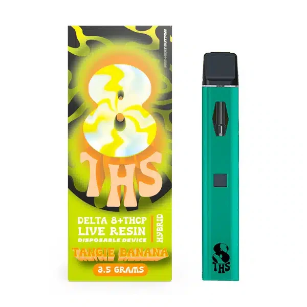 A green box with 8THS D8 + THC-P Live Resin Disposables (3.5g) and e-liquid.