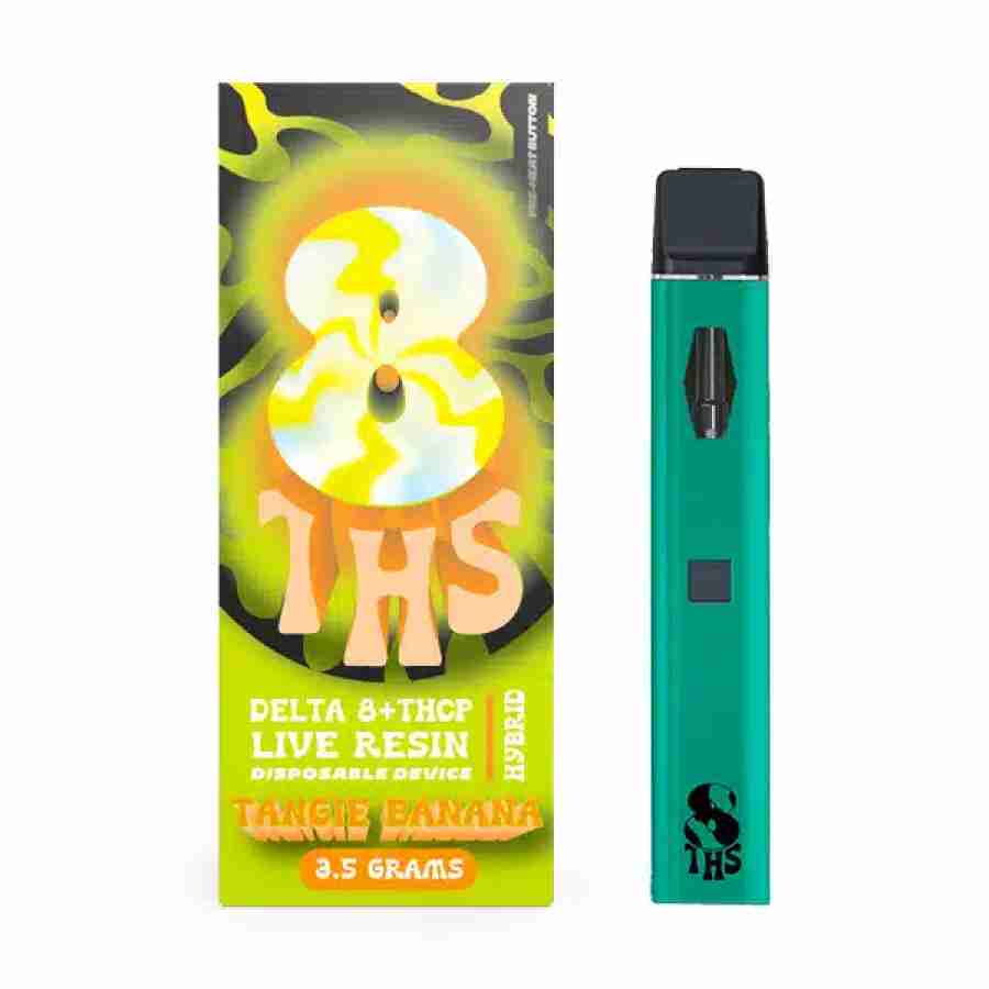 A green box with 8ths d8 + thc-p live resin disposables (3. 5g) and e-liquid.