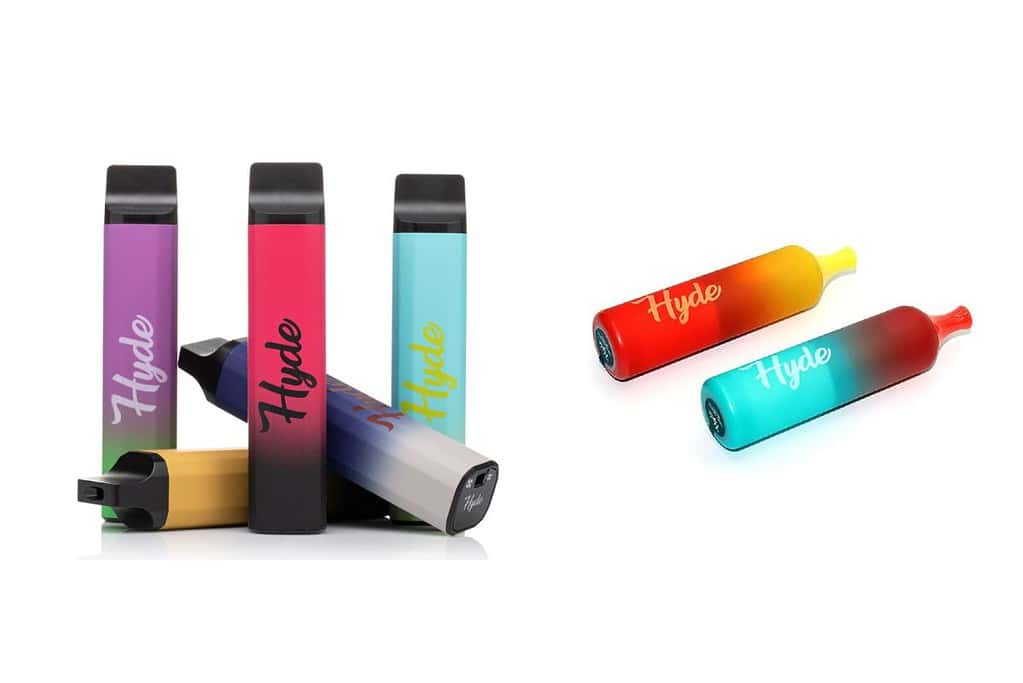 Varying colored e cigarettes against a white backdrop display the hyde vape's nicotine content.