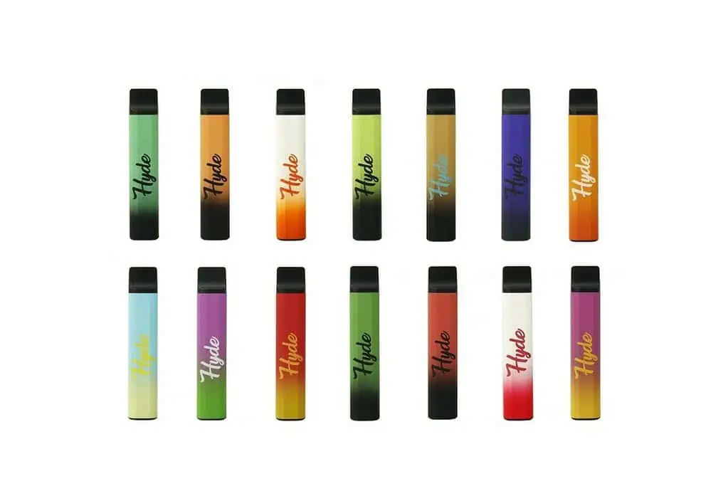 A variety of colored e cigs displayed on a white background with the question "how much are hyde vapes.