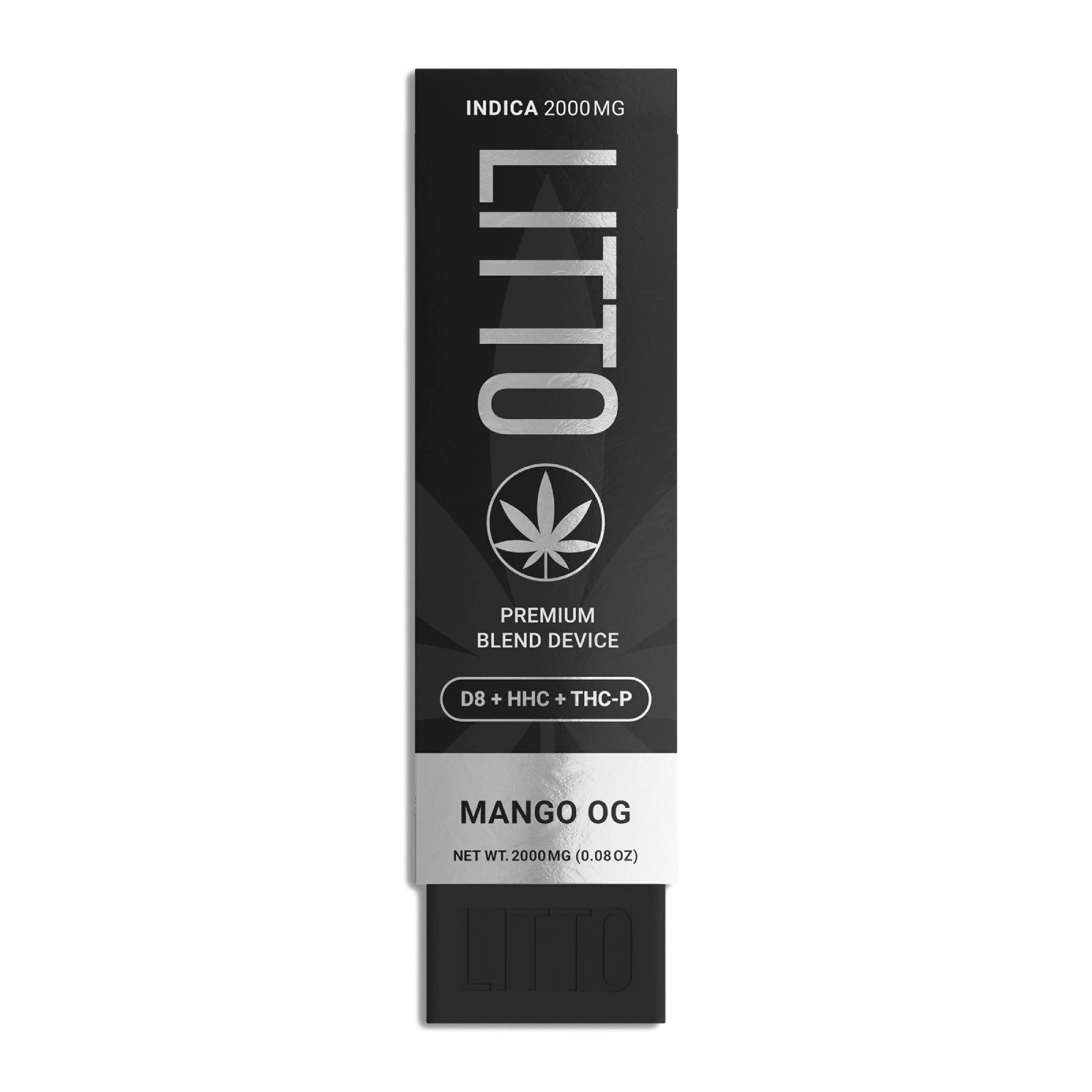 A tube of Litto D8 AIO Tri Blend Disposable Vape Pens (2g) with a black background.
