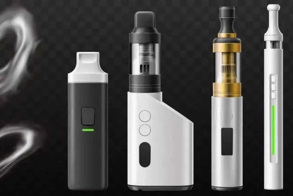 A collection of vape devices on a black background.