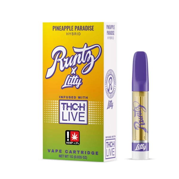 A box and bottle of Runtz x Litty THC-H Infused Cartridges 1g.