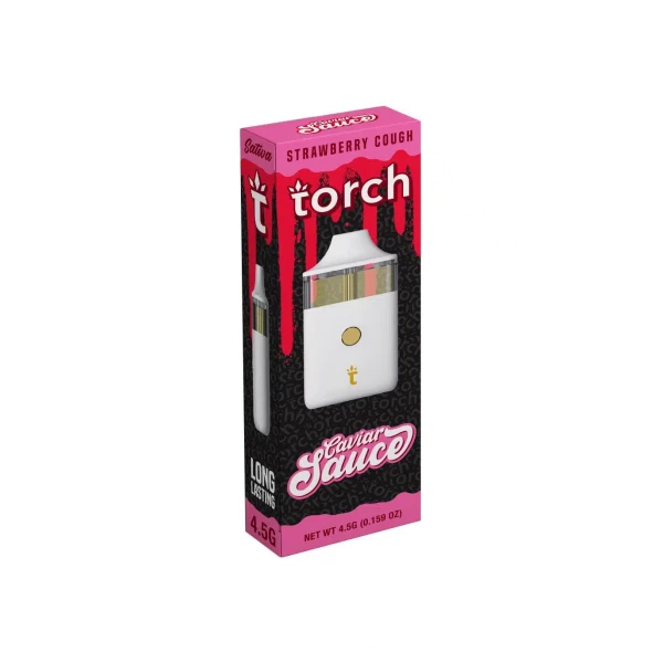 A pink box with a Torch Caviar Sauce Disposables (4.5g) in it.