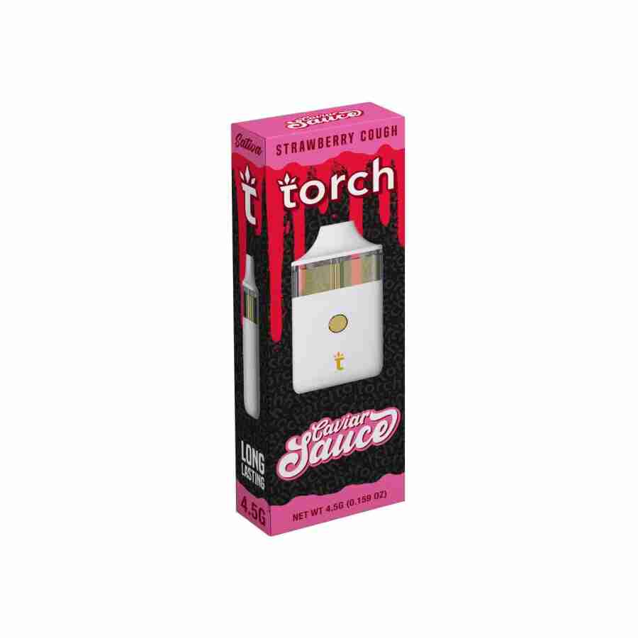 A pink box with a torch caviar sauce disposables (4. 5g) in it.