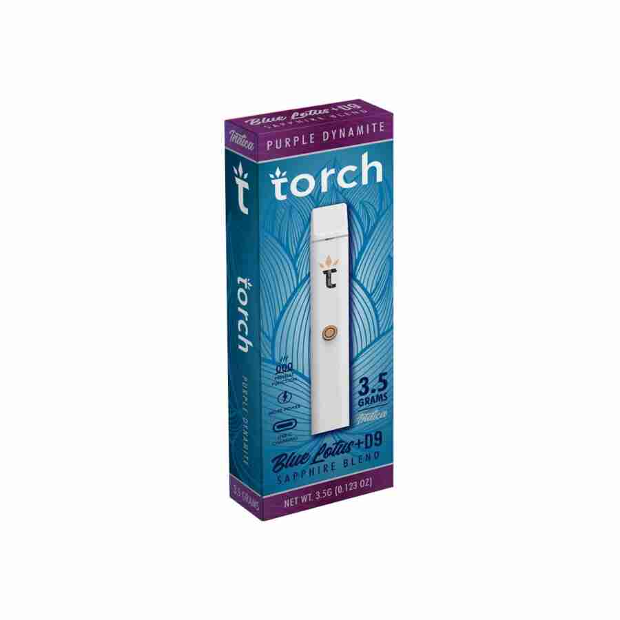 A box with a torch blue lotus sapphire blend disposable vape pens