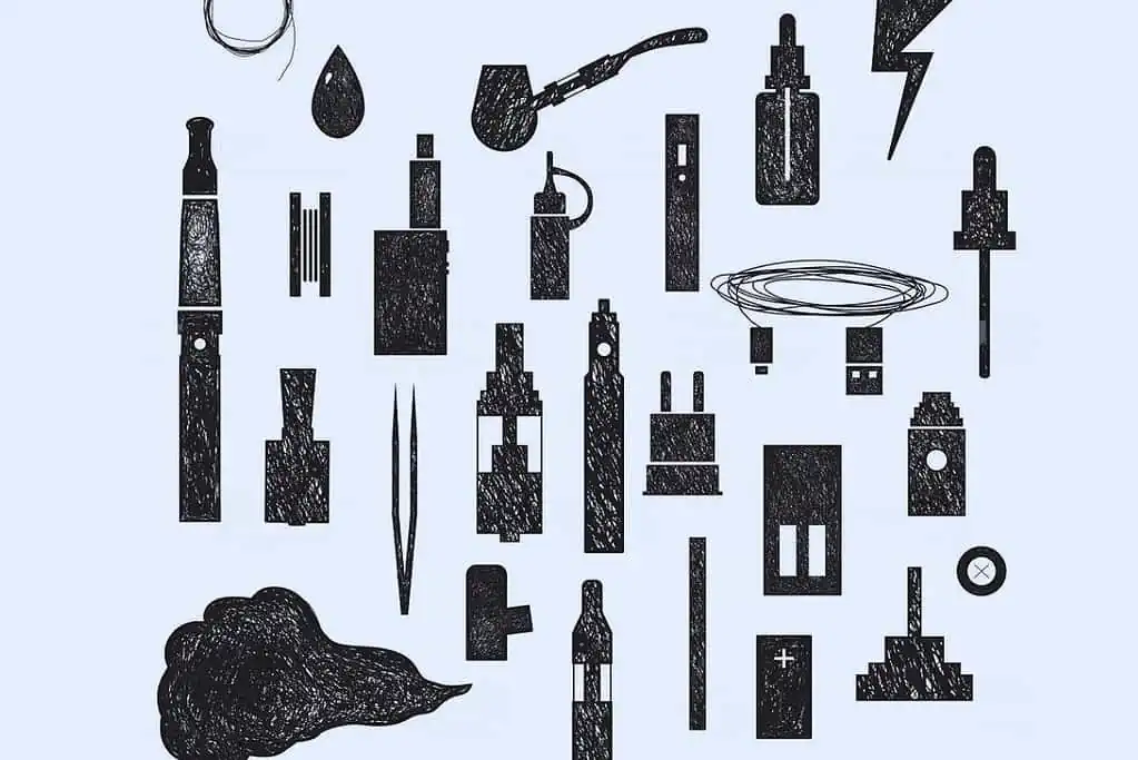 A black and white drawing of cigarette products, showcasing various brands.