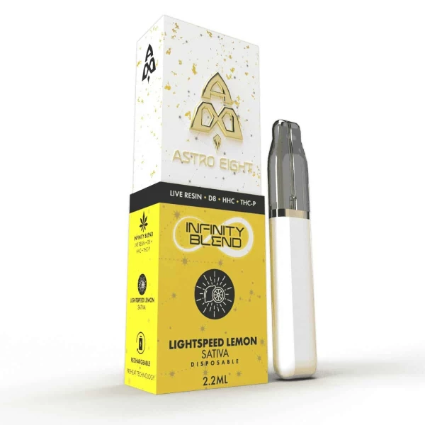 Astro Eight Infinity Blend Live Resin Disposable Vapes 2.2g in a box.