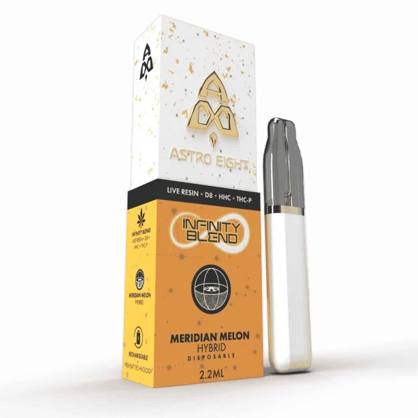 A box of Astro Eight Infinity Blend Live Resin Disposable Vapes 2.2g with e-cigs.