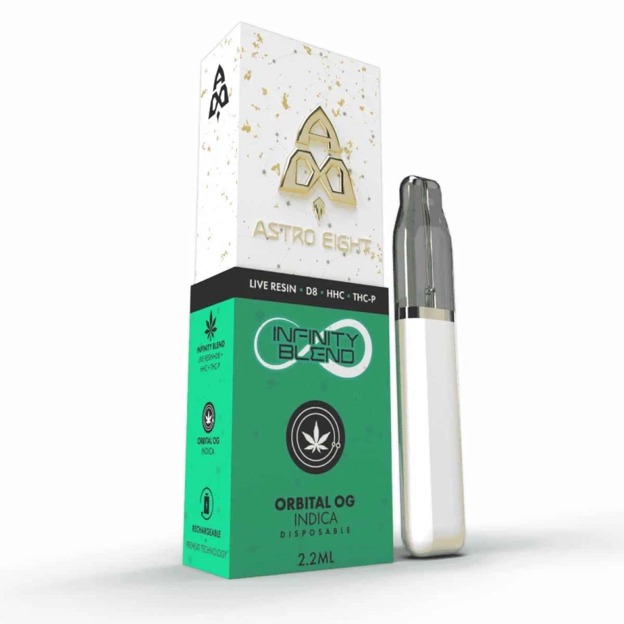 Astro eight infinity blend live resin disposable vapes 2. 2g presented in a box.