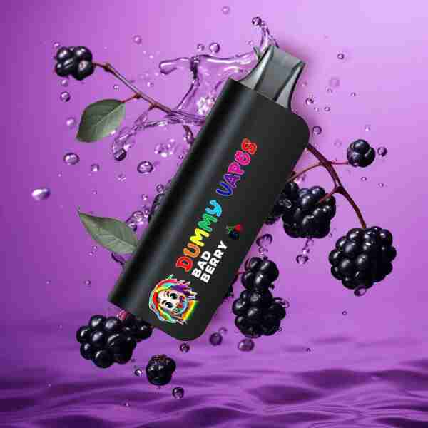 A Dummy Vapes 8000 Puffs 5% Disposable Vapes with blackberries and water on it.