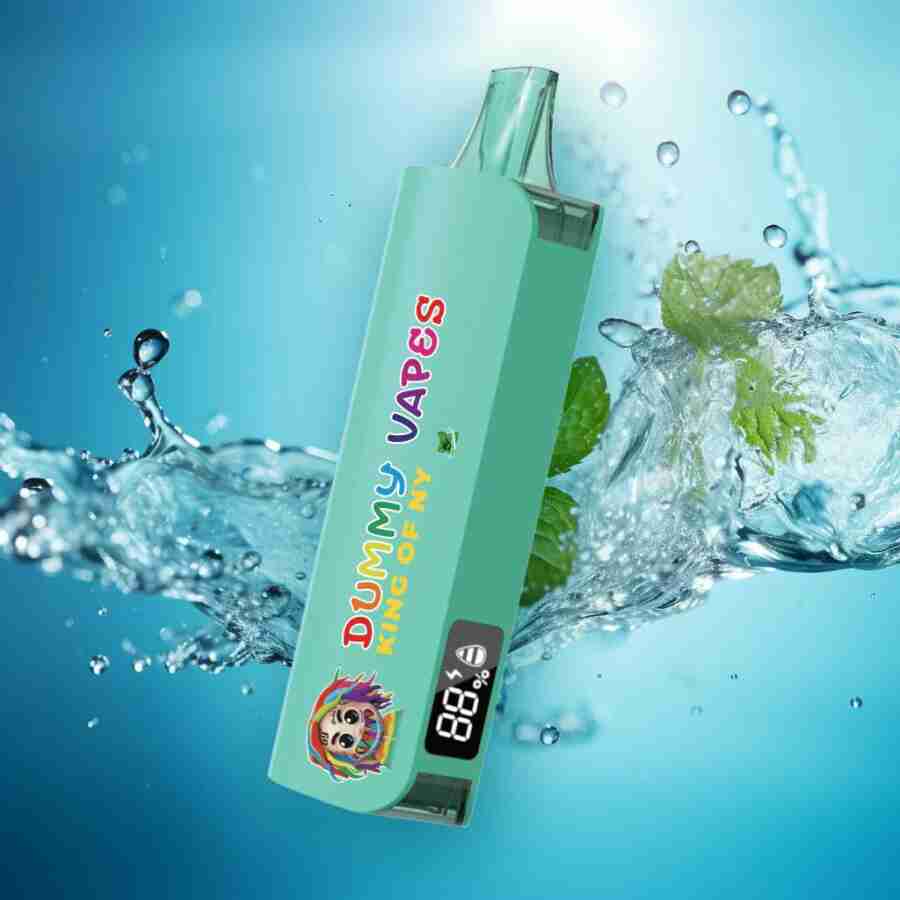 A bottle of dummy vapes 8000 puffs 5% disposable vapes with a mint leaf floating in the water.