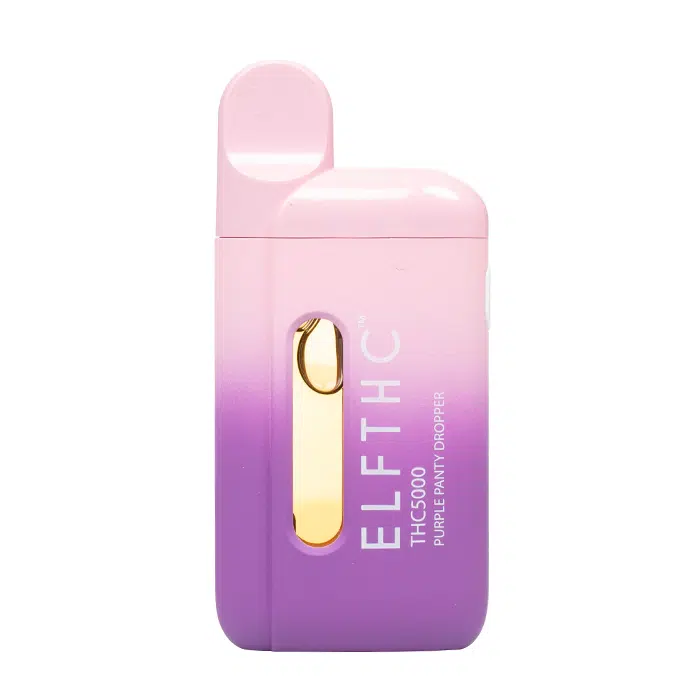A purple elf thc eldarin blend disposables 5g bottle with a purple lid.