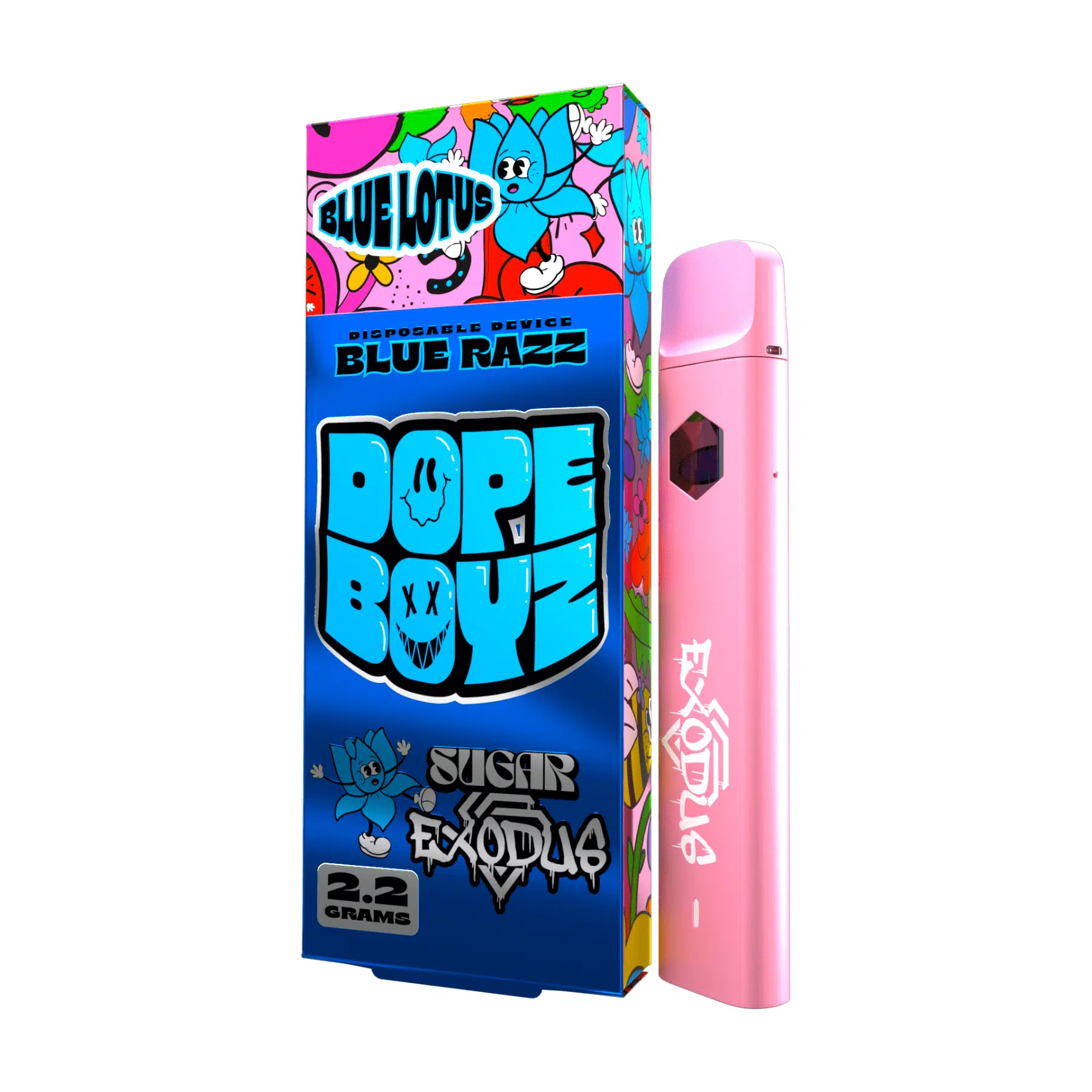 A pink box with a sugar exodus dope boyz blue lotus disposables (2. 2g) e-liquid.