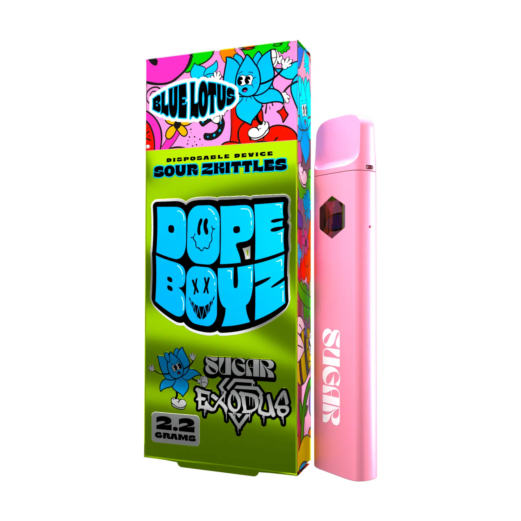 a pink box with a pink Sugar Exodus Dope Boyz Blue Lotus Disposables (2.2g) e-liquid.