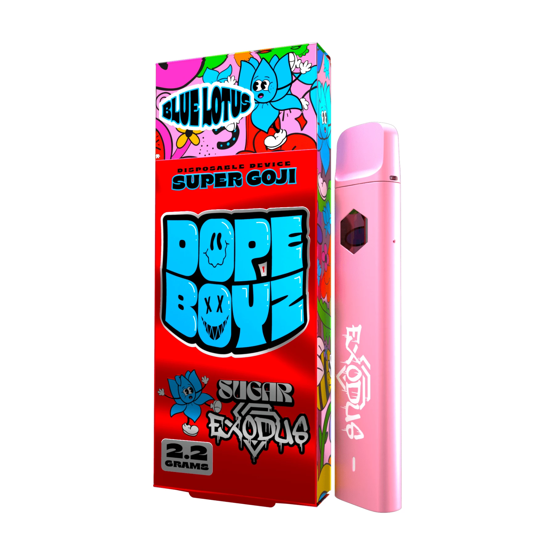 A pink box with a pink sugar exodus dope boyz blue lotus disposables (2. 2g) e-liquid.