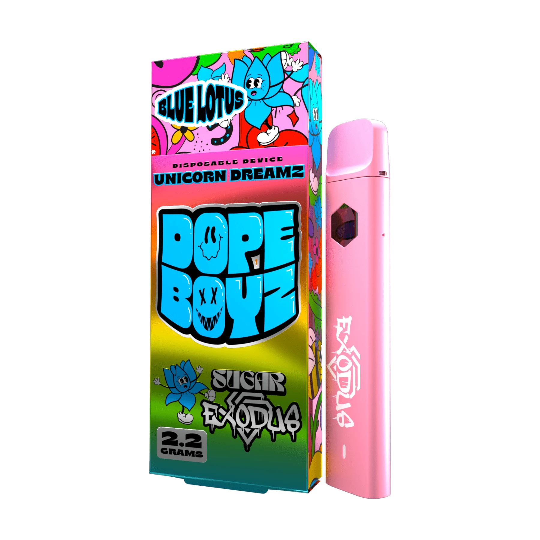A pink box with a pink sugar exodus dope boyz blue lotus disposables (2. 2g) e - cigarette.