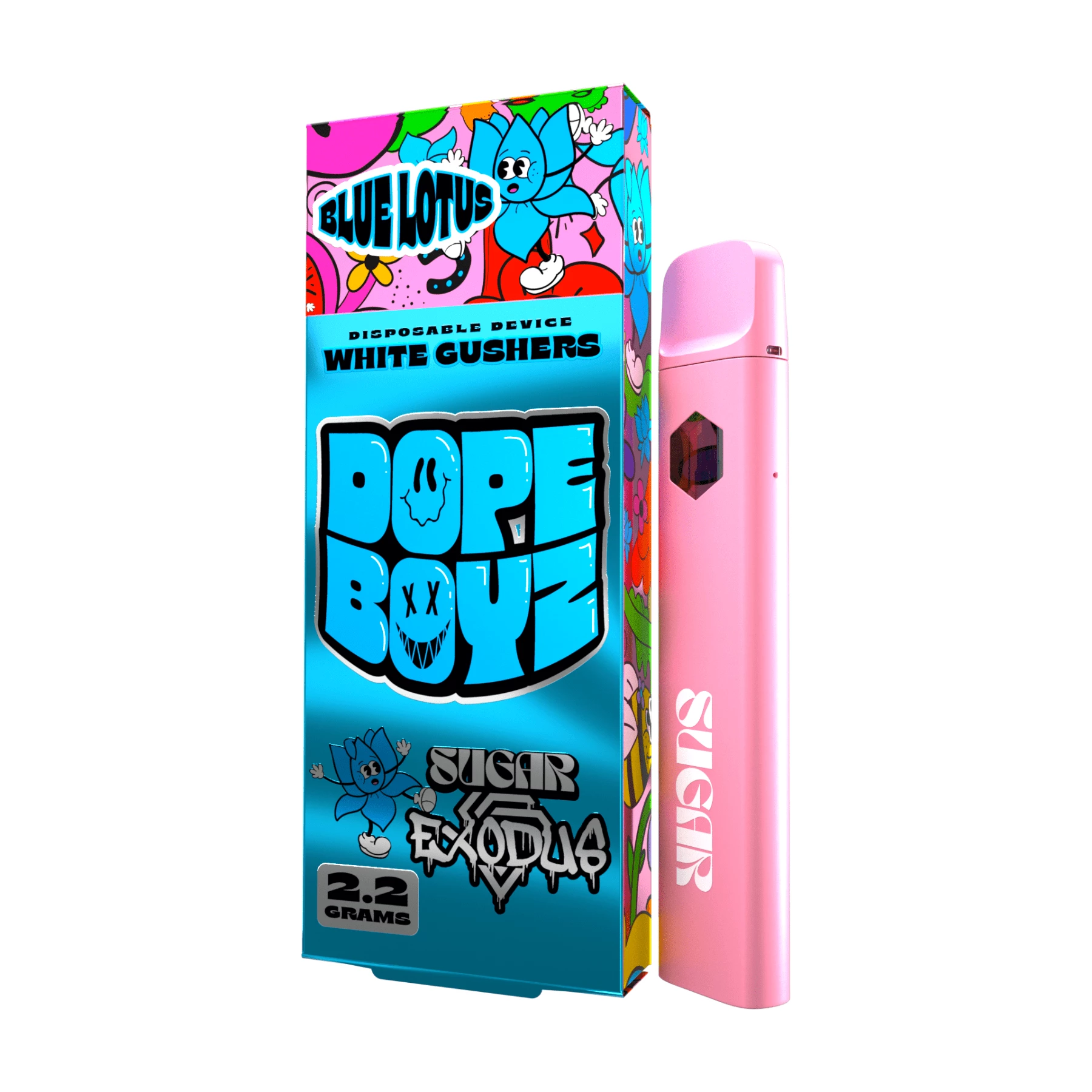 Sugar Exodus Dope Boyz Blue Lotus Disposables (2.2g) in a pink box.