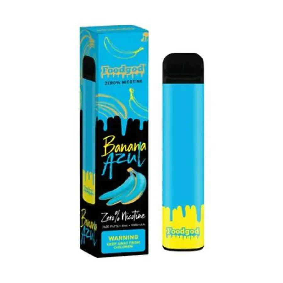 A blue and yellow Foodgod Zero 2400 Puffs 0% Disposable Vapes flavored e cigarette in front of a box.