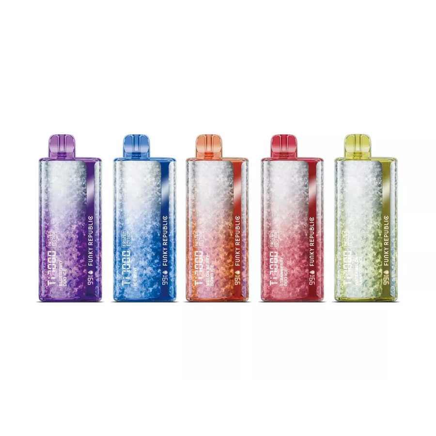 A set of Funky Republic Ti7000 Frozen Edition Disposable Vapes with different colored liquids in them.