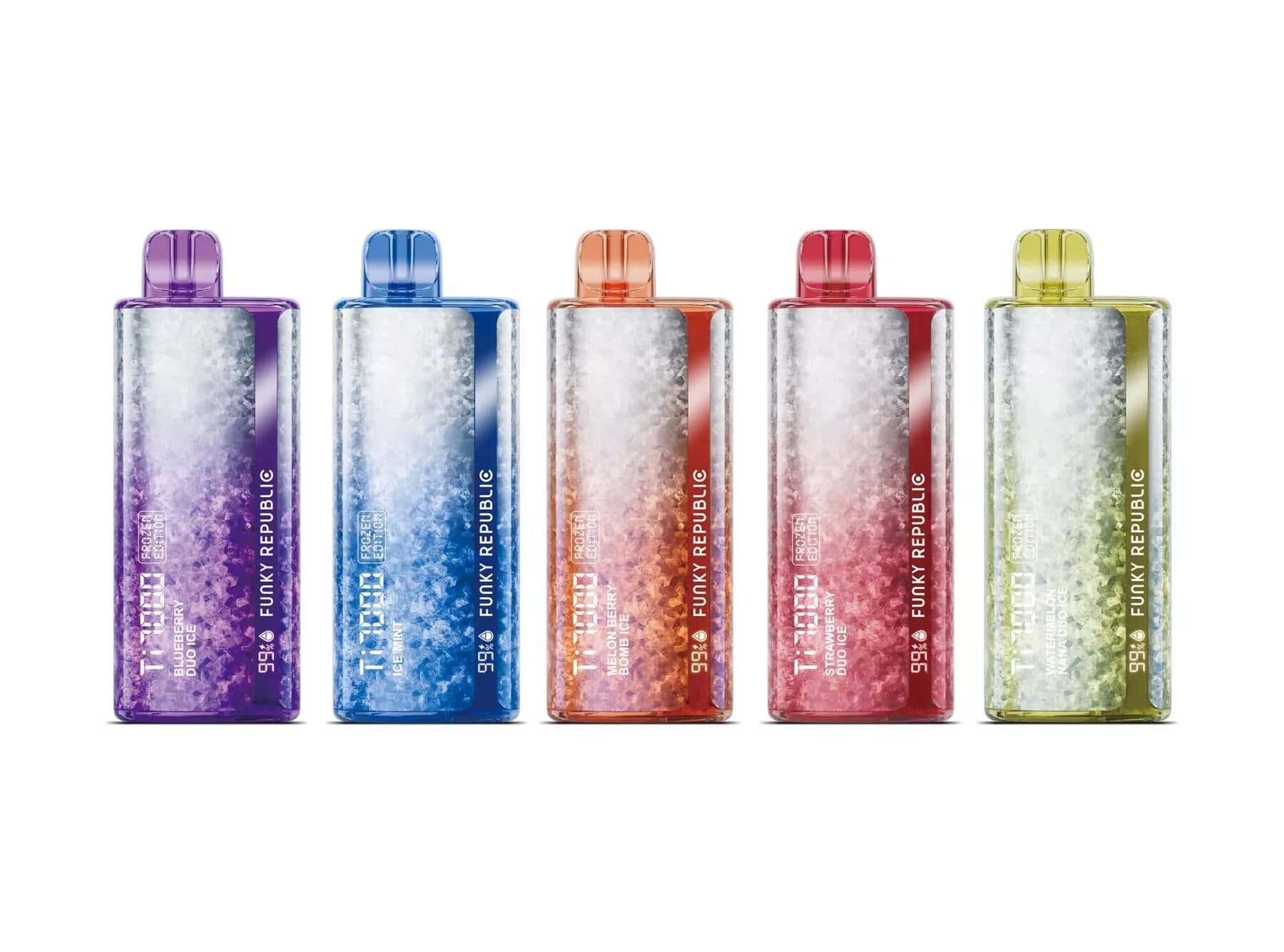 A set of funky republic ti7000 frozen edition disposable vapes with different colored liquids in them.