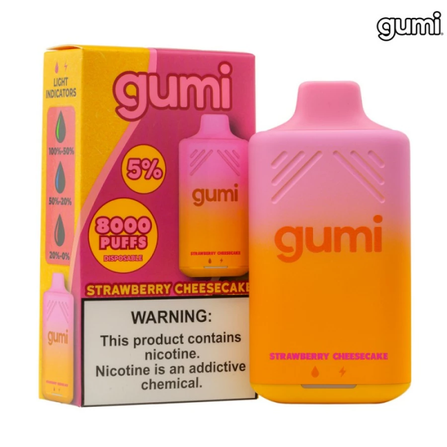 A box of Gumi Bar 8000 Puffs 5% Disposable Vapes next to a box.