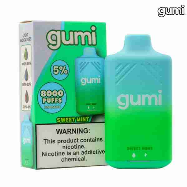 A box of Gumi Bar 8000 Puffs 5% Disposable Vapes in front of a box.