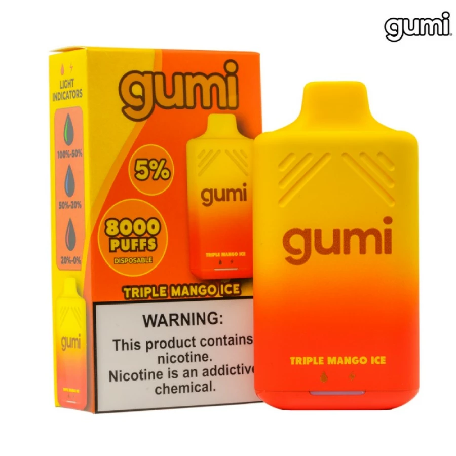 A Gumi Bar 8000 Puffs 5% Disposable Vapes in front of a box.