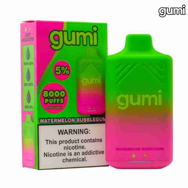 A pink and green Gumi Bar 8000 Puffs 5% Disposable Vapes bottle next to a box.