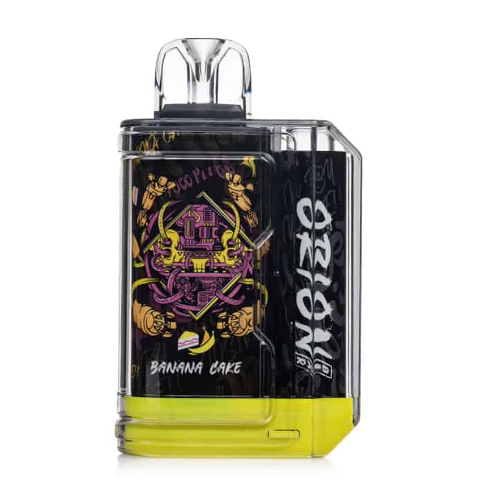 A lost vape orion bar 7500 puffs 5% disposable vapes with a purple and yellow design on it.