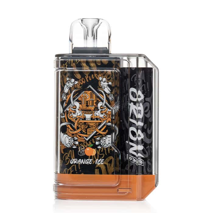 A lost vape orion bar 7500 puffs 5% disposable vapes with an orange and black design on it.