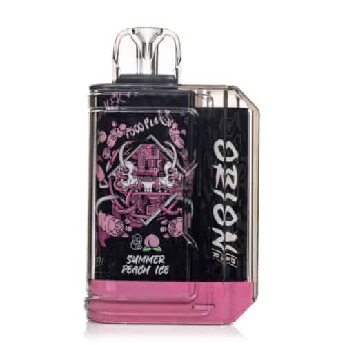 A bottle with a pink and black design on it.