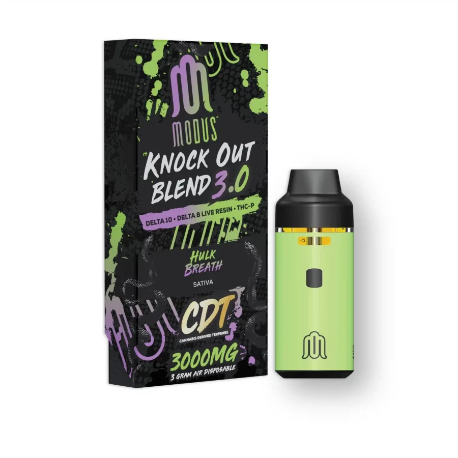 A green box with the modus knockout blend disposables (3. 0g) e-liquid.