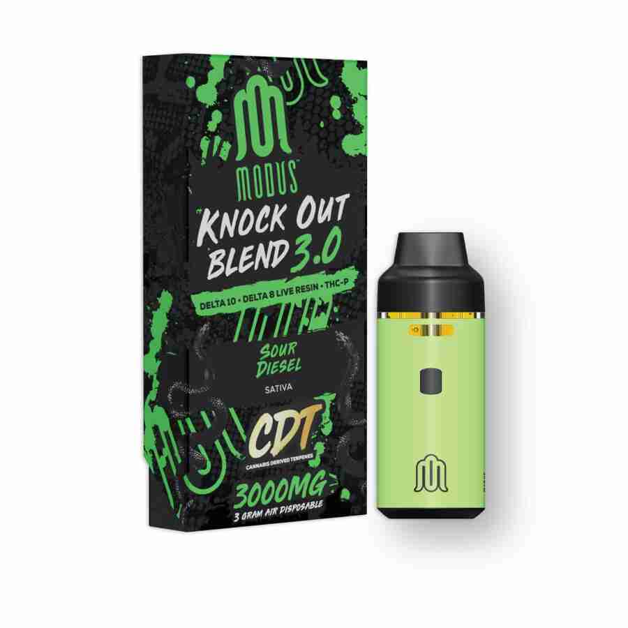 A green box with the modus knockout blend disposables (3. 0g) e - cigarette.