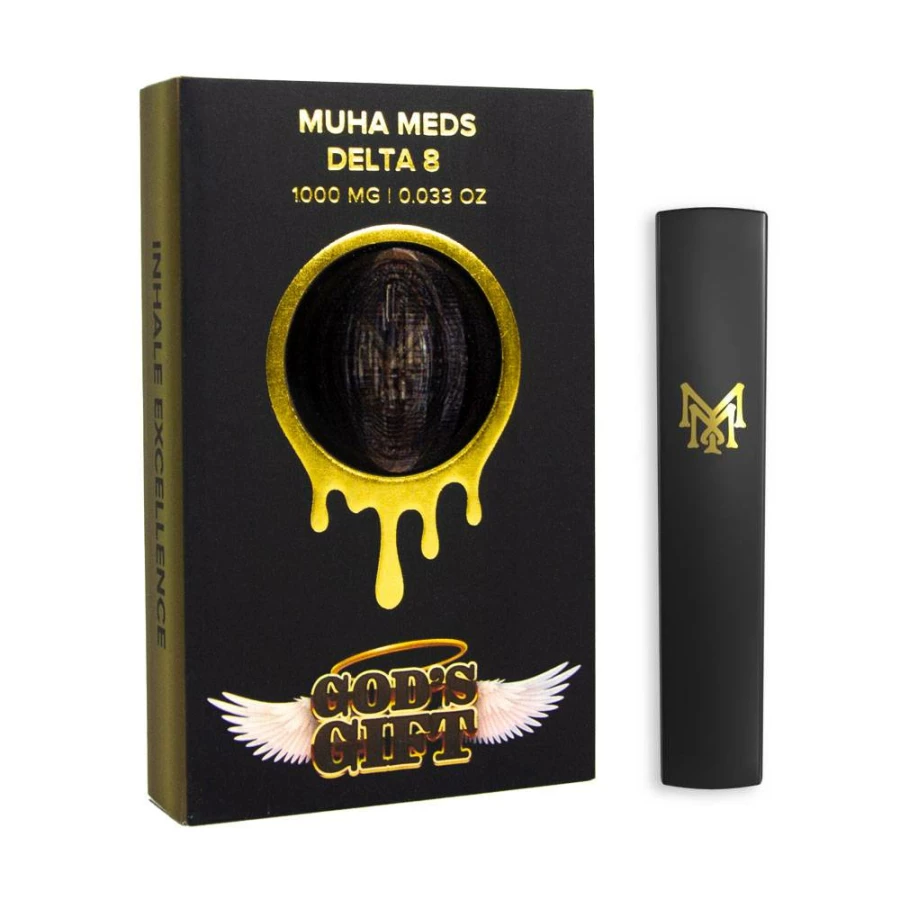 A box of muha meds delta-8 disposable vape 1g sits beside a black box.