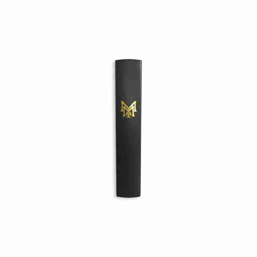 A black and gold 1g muha meds delta-8 disposable vape with a gold logo.