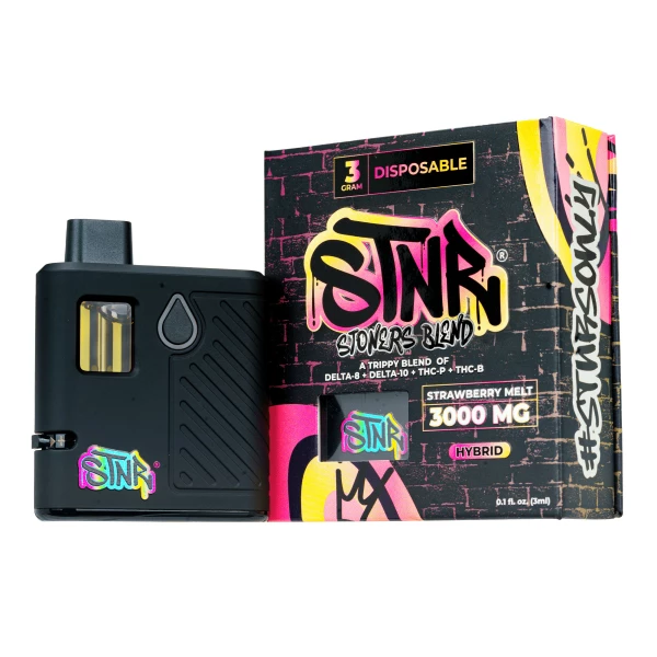 A box containing the STNR Creations XL2 Disposable Vapes (3g) along with an e-liquid bottle.