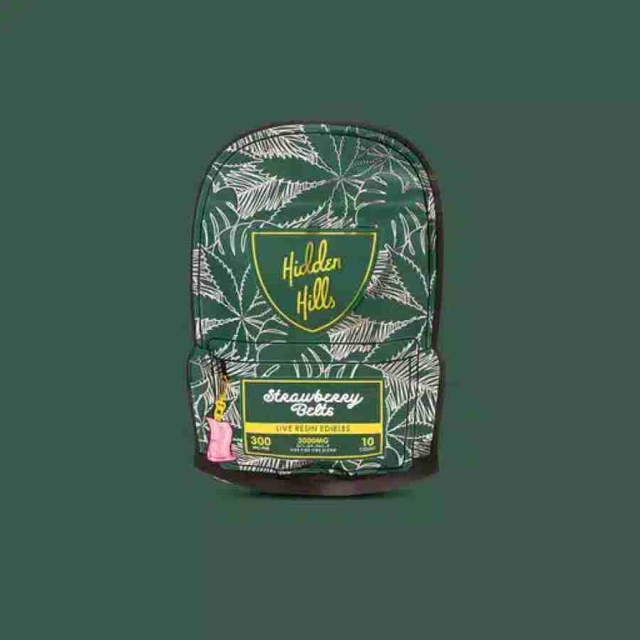 A leaf design on a hidden hills club edible belts 3000mg 10pcs backpack.