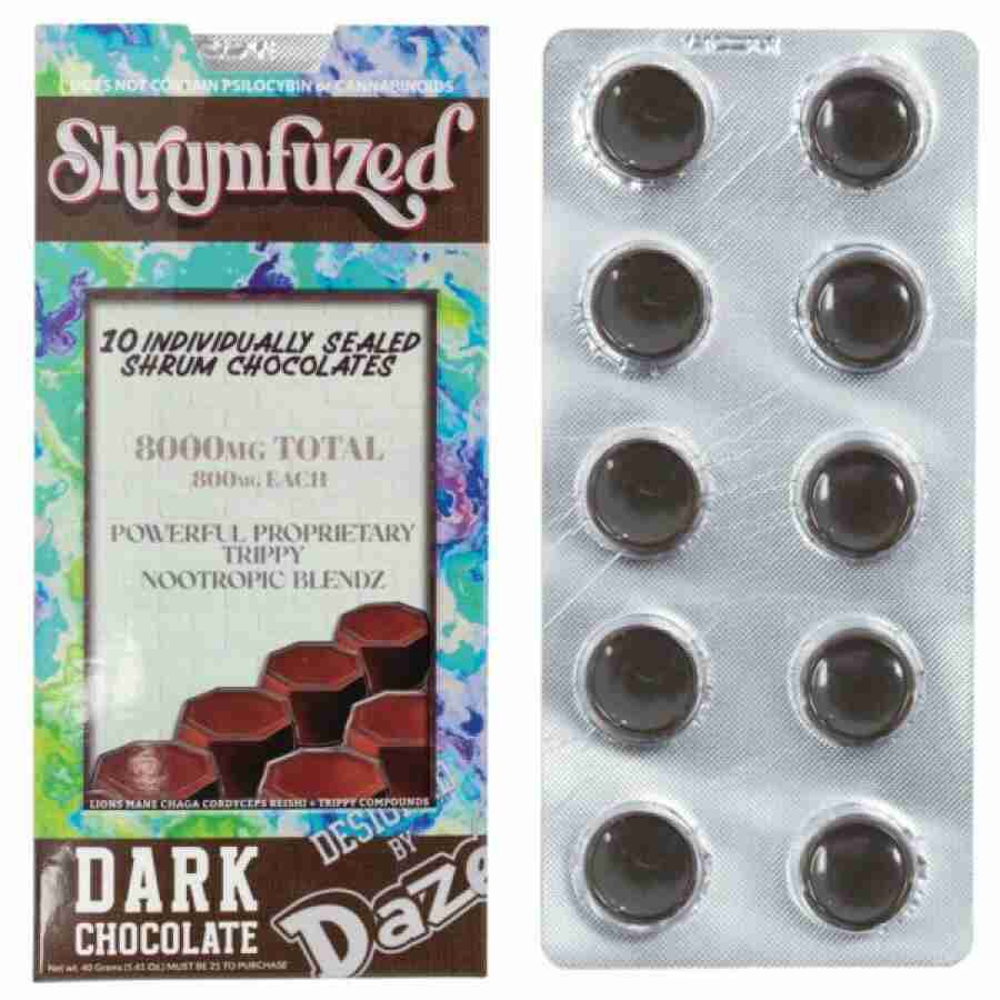 A package of shrumfuzed nootropic trippy psychedelic mushroom gummies piece dark chocolate